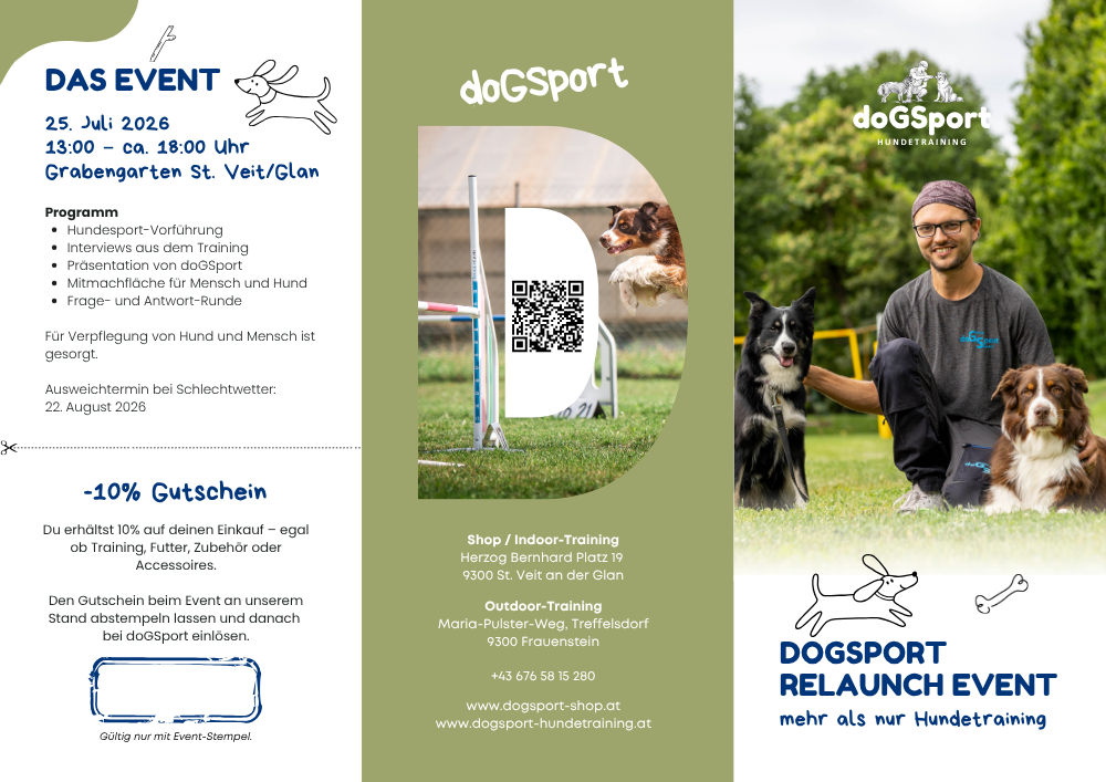 Flyer zum doGSport Relaunch Event am 25. Juli 2026 in St. Veit an der Glan mit Informationen zum Programm, QR-Code, Gutscheinaktion sowie Foto von Georg Sostaric mit zwei Hunden am Trainingsplatz.